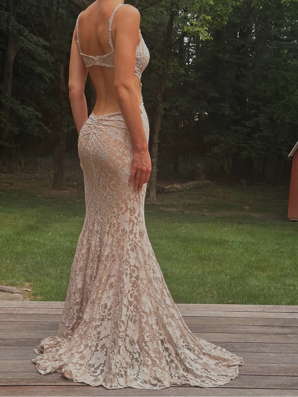 Jovani Nude Lace Rhinestone Cutout Prom Dress - Picture 2 of 3